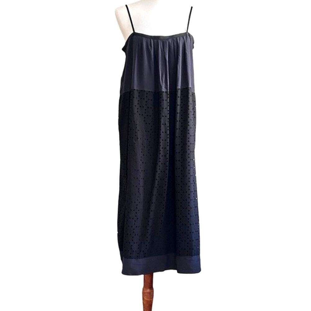 Madewell Silk Blend Slip Dress – Black Cutout Overlay, Navy Base, Size 10